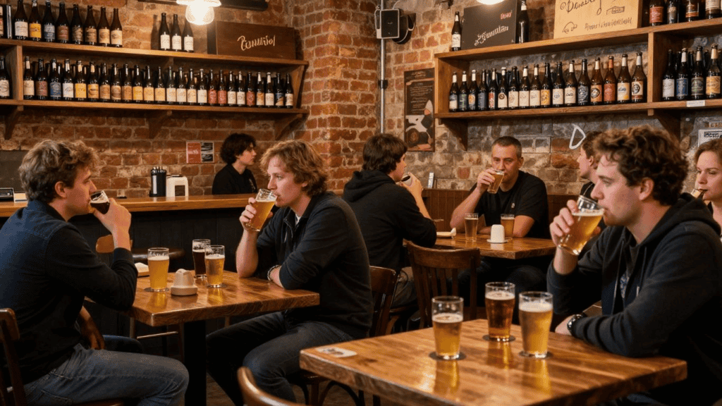Group of friends seated at wooden tables in a rustic brick-bar, drinking pints of beer.