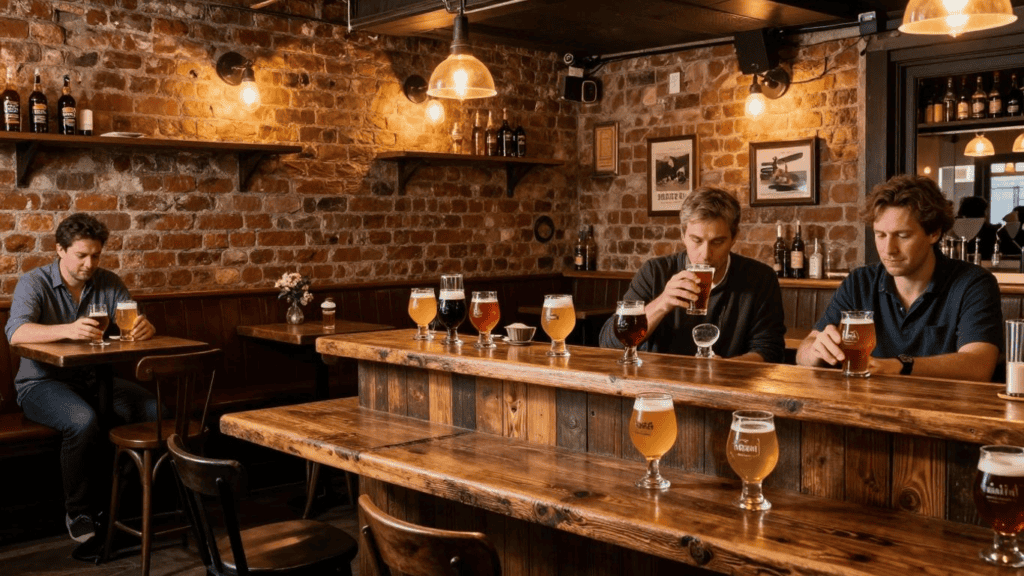 Four patrons in a brick-walled pub: one man at a side table and three at a wooden bar sampling different beers behind warm pendant lights.