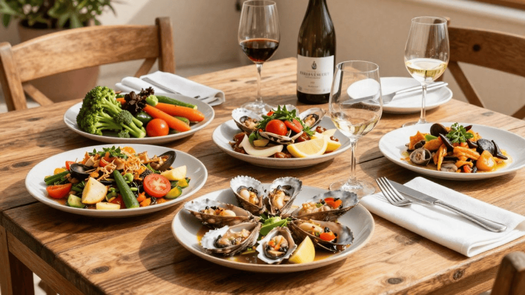 Table full of seafood and vegetable dishes: oysters, mussels, roasted vegetables, and a bottle of wine with glasses on a wooden table.