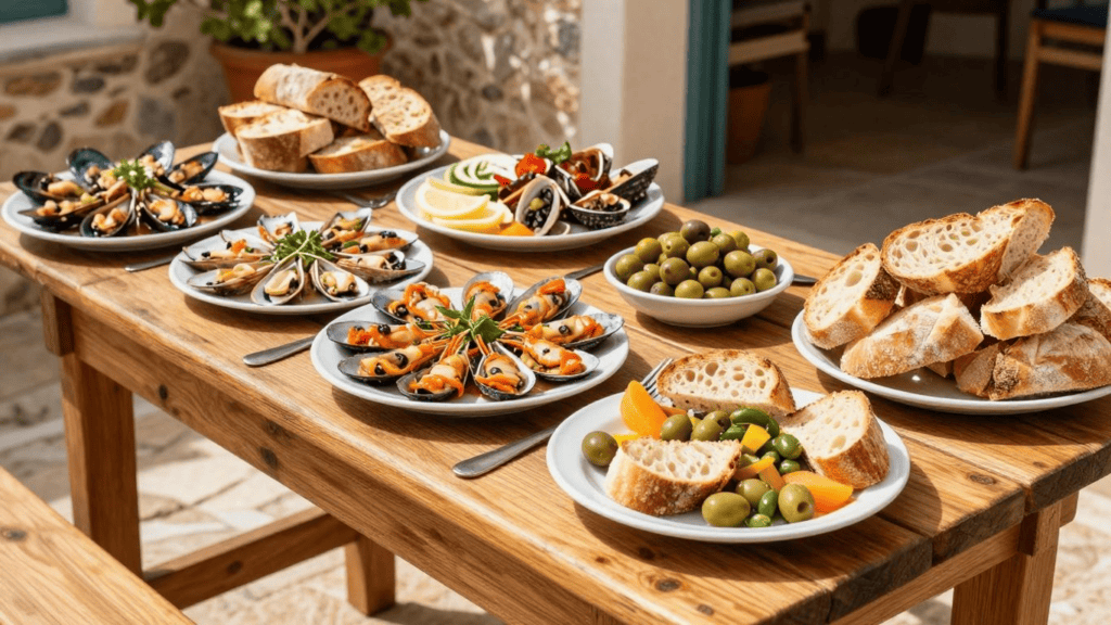 Outdoor wooden table with a Mediterranean antipasto spread: mussels in shells, olives, sliced baguette, and citrus on white plates Steady on the table.