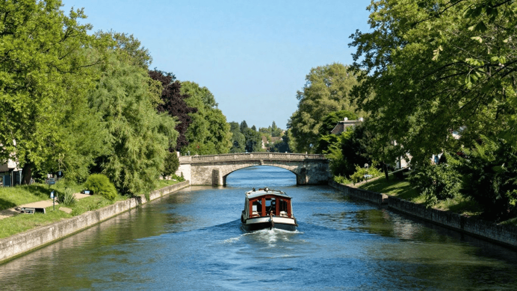 A small passenger boat travels along a tree-lined canal toward a stone arch bridge on a sunny day.