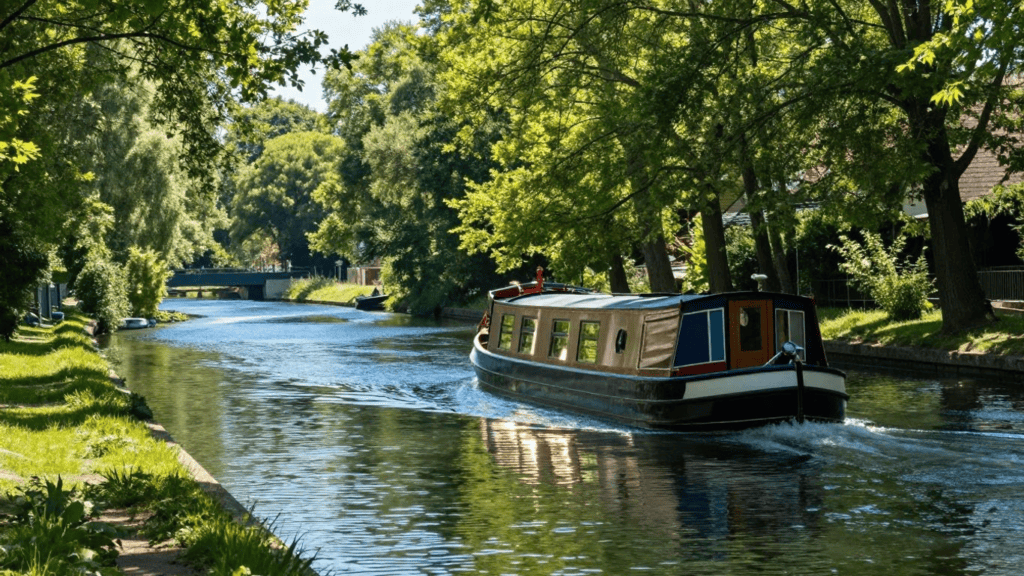 A narrow canal lined with green trees and a colorful houseboat cruising past on calm water.
