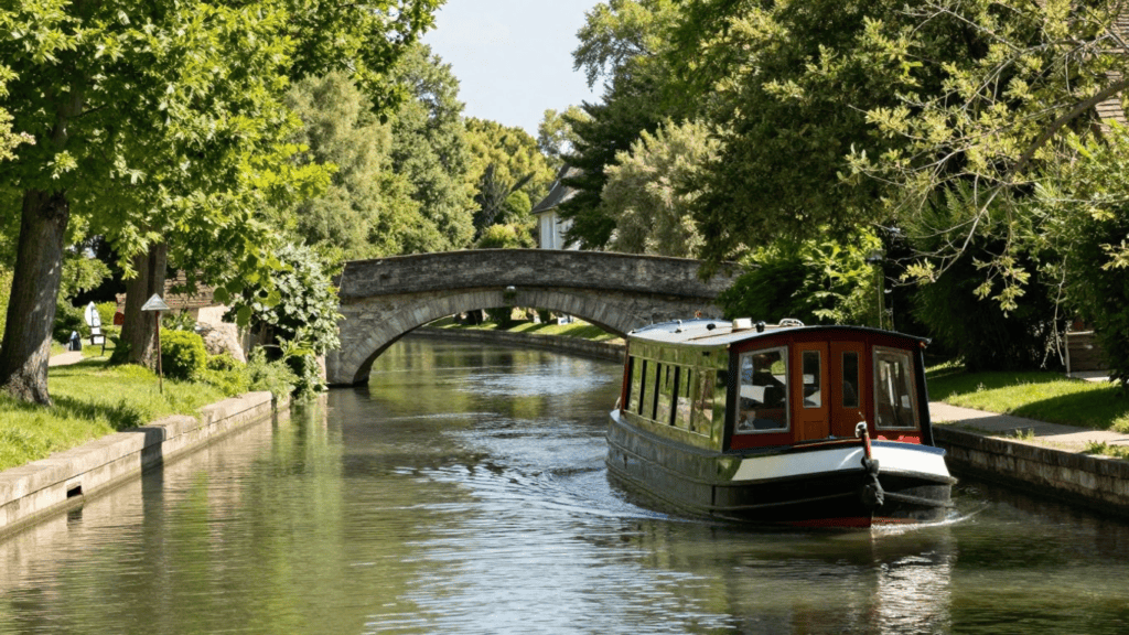 Canal with a stone arch bridge and a small boat cruising past green banks on a sunny day.