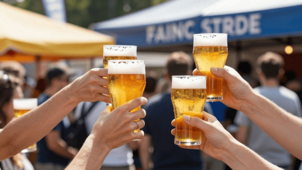 Group of people toasting with filled beer glasses at an outdoor beer festival under colorful tents.