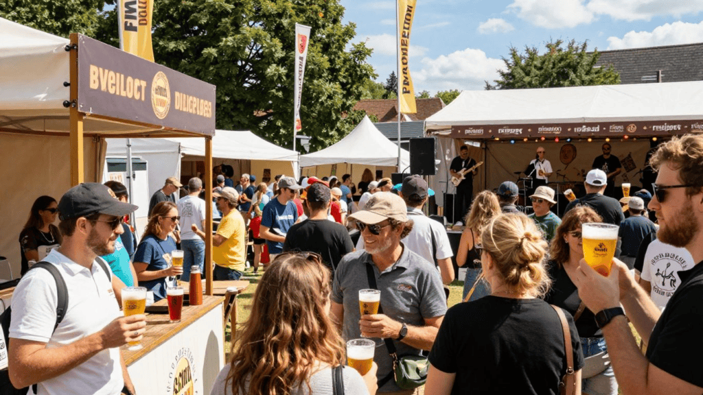 Crowd enjoying an outdoor beer festival with tents, a stage, and people holding pint glasses.