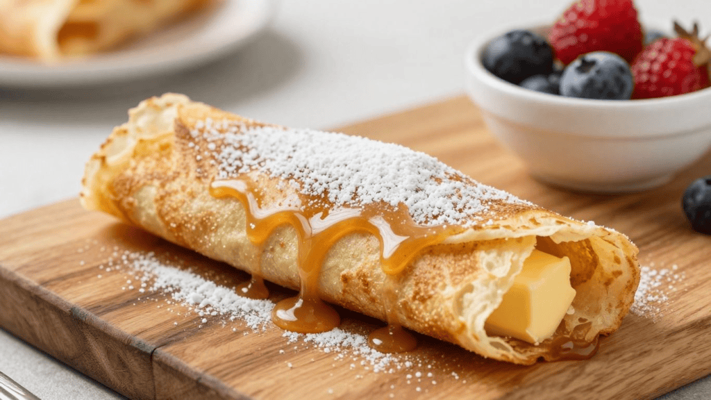 Butter-filled crepe drizzled with caramel and dusted with powdered sugar on a wooden board, with a bowl of berries in the background.