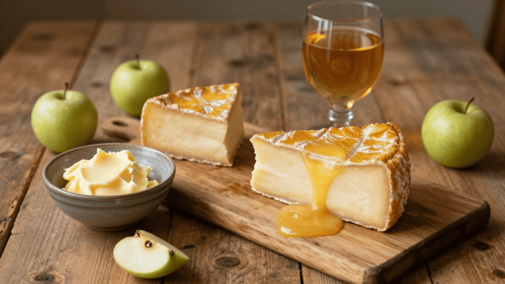 Wedges of soft cheese with honey oozing onto a wooden board, surrounded by green apples, butter, and a glass of cider in a rustic setting.