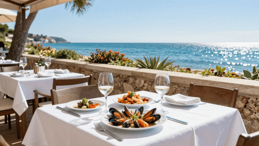 Outdoor seaside restaurant table set with white tablecloths, wine glasses, and plates of seafood against a sparkling ocean view.