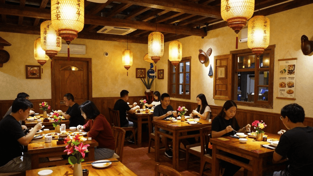 Warm, cozy dining room in an Asian restaurant with wooden tables, glowing lanterns, and diners eating together.