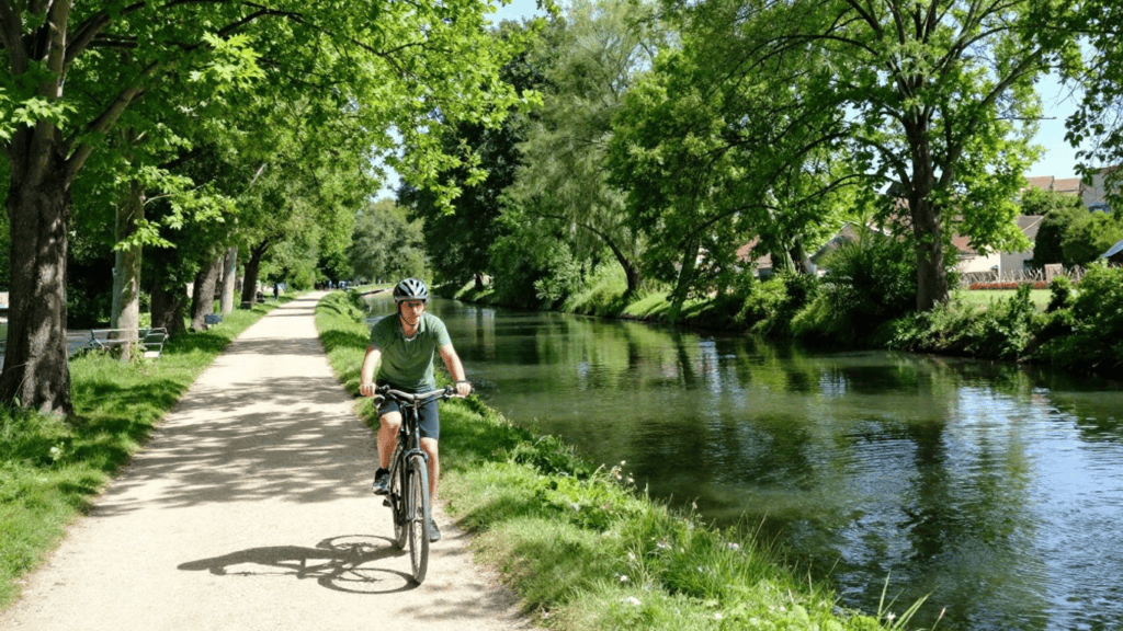 Man wearing a helmet rides a bicycle on a gravel path beside a calm river in a leafy park on a sunny day.