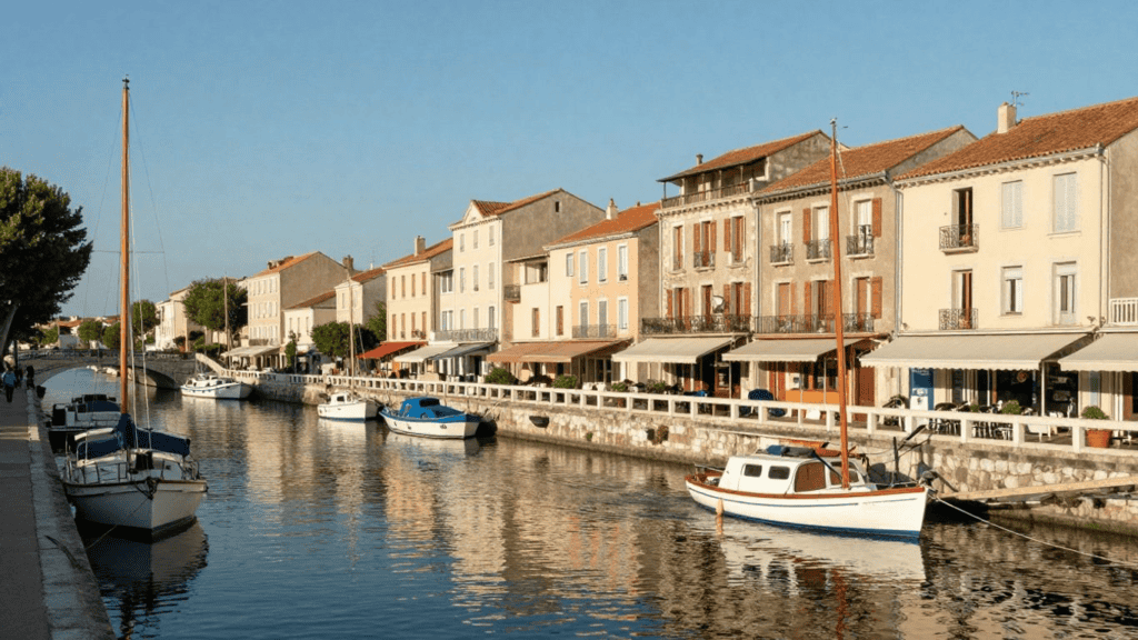 Canal lined with pastel buildings and boats moored along the water, reflecting on a calm surface under a clear sky.