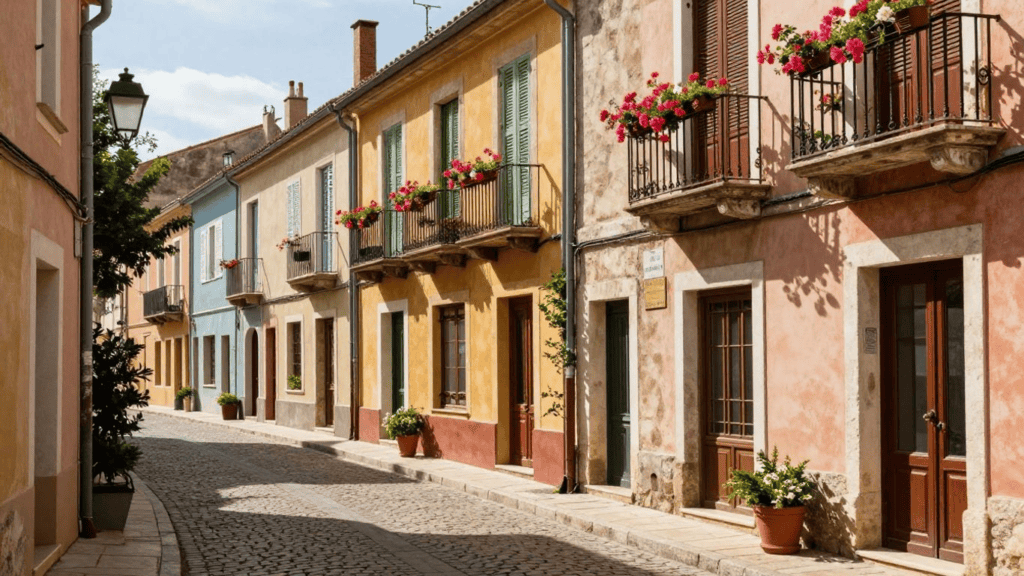 Colorful Mediterranean street with pastel houses, iron balconies, and red flowering plants along a cobblestone lane.