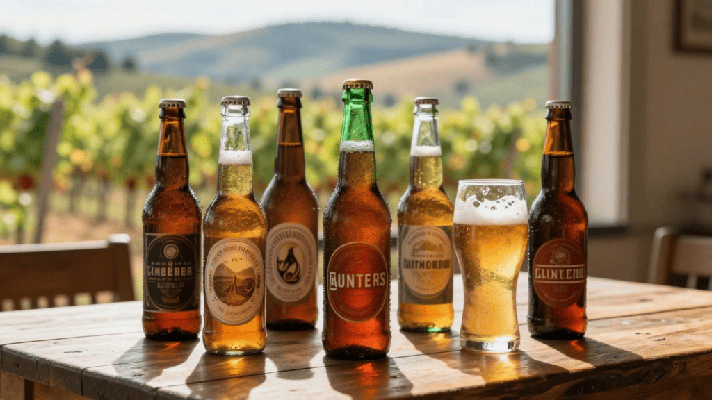 Assorted beer bottles lined up on a wooden table outdoors at a vineyard with a glass of beer nearby.