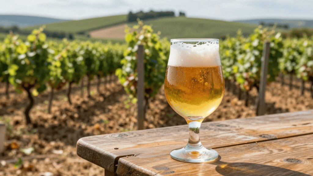 Pale beer in a tulip glass with a foamy head on a wooden table, vineyard rows in the background.