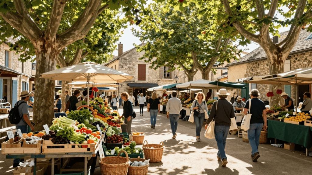 Outdoor farmers market on a sunny day with stalls of colorful vegetables and shoppers under large trees.