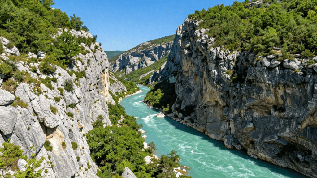 Turquoise river flows between towering gray cliffs with forested ledges under a clear blue sky.