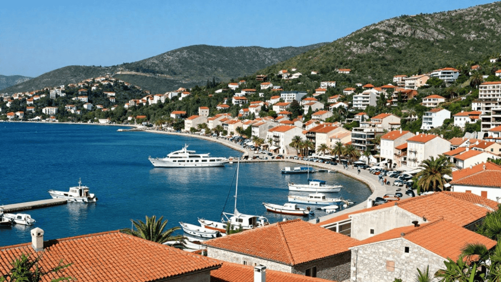 Coastal town with red-tiled roofs along a crescent harbor and several boats docked in blue water.