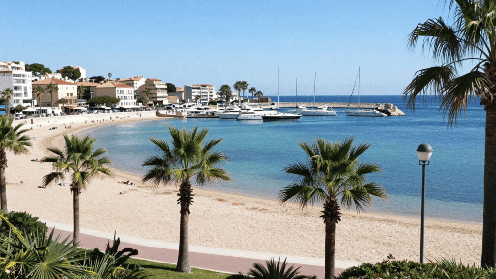 Beach scene with palm trees, calm blue water, and several yachts docked at a marina.