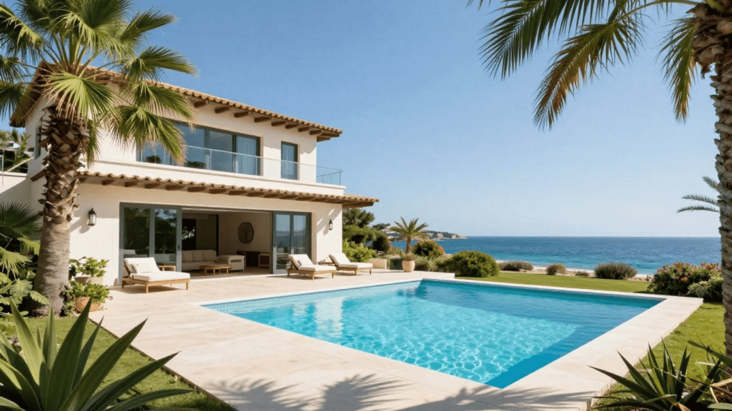 Modern beach house with a rectangular pool, outdoor lounge area, and ocean view framed by palm trees.