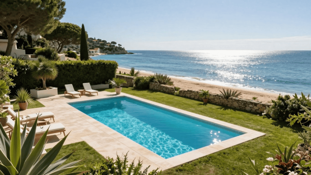 Rectangular pool in a sunny beachfront garden, with lounge chairs and palm plants overlooking the ocean.
