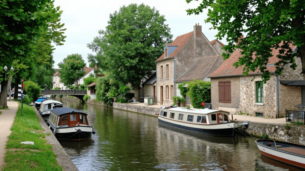 Canal lined with moored boats and historic stone houses under leafy trees in a quaint village setting.