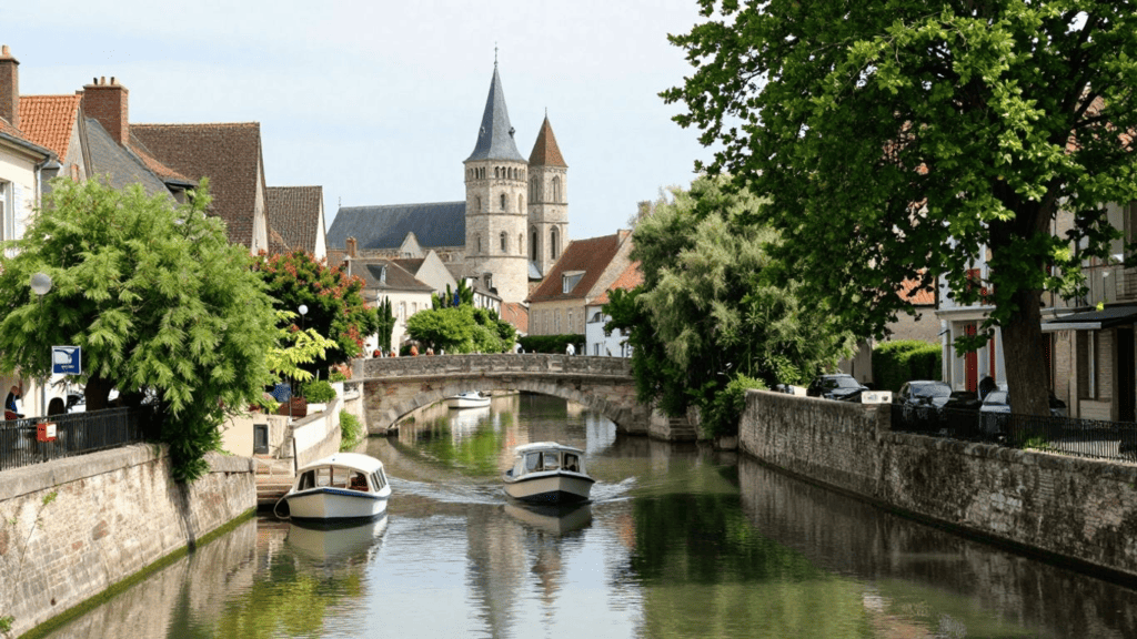 Canal scene in a historic European town with stone bridge, two boats, and church towers in the background, lined by trees and buildings.