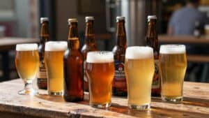 Bottles and glasses of French craft beer on a wooden table.