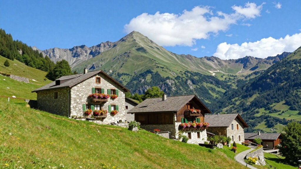 Charming French mountain village with stone houses and green peaks.