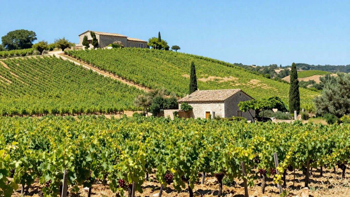 Vineyard and stone farmhouse in Languedoc, France