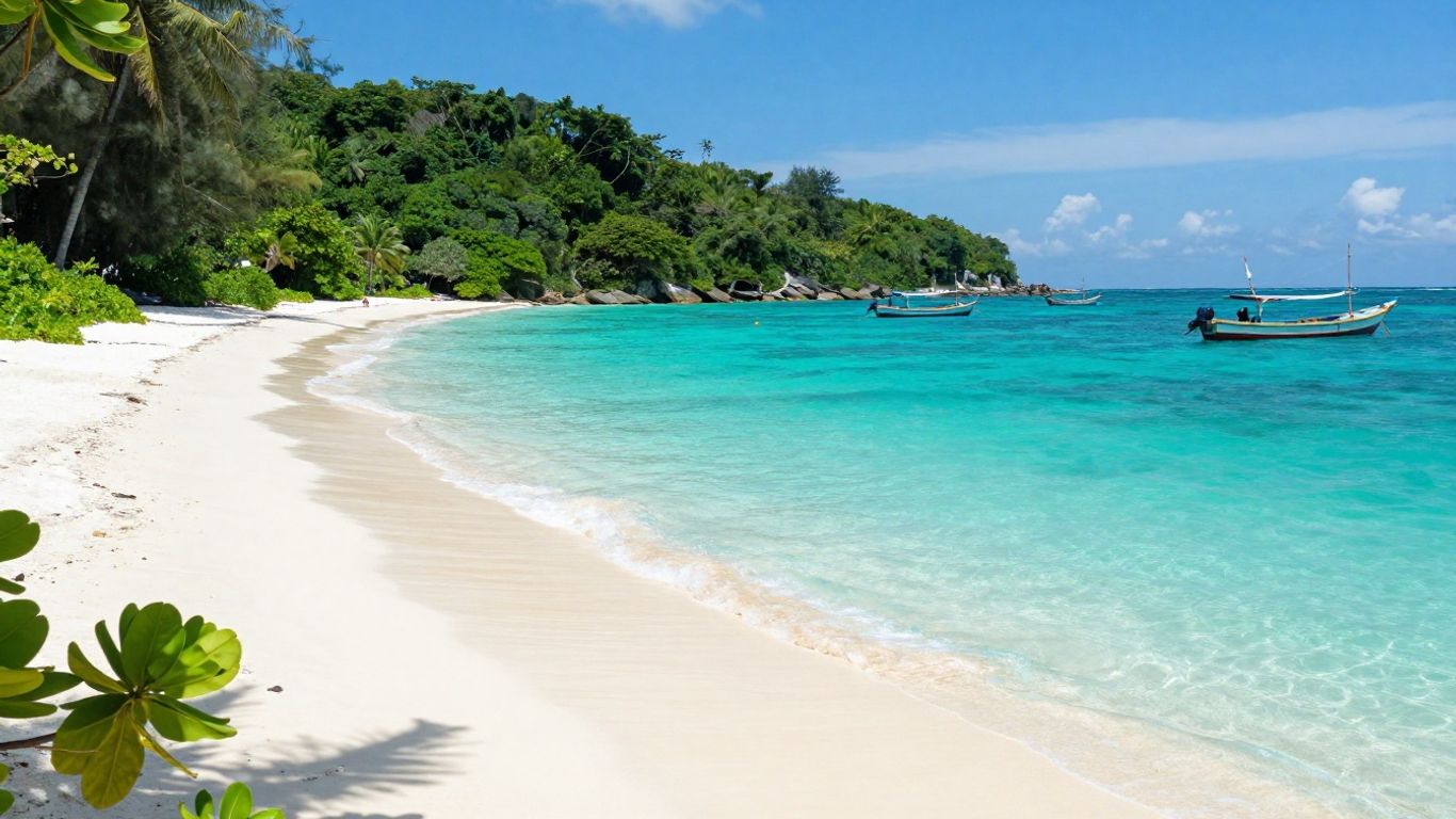 Secluded beach with turquoise water and white sand.