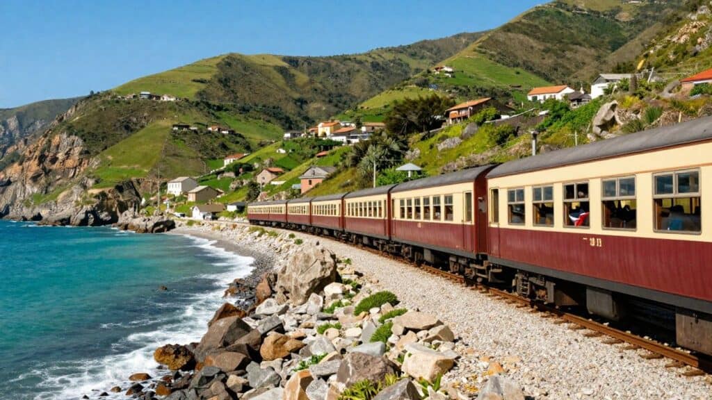 Scenic train journey along the French coast with mountains.