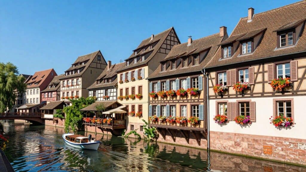 Colorful houses along a canal in Strasbourg's Petite France.