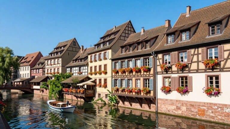 Colorful houses along a canal in Strasbourg's Petite France.