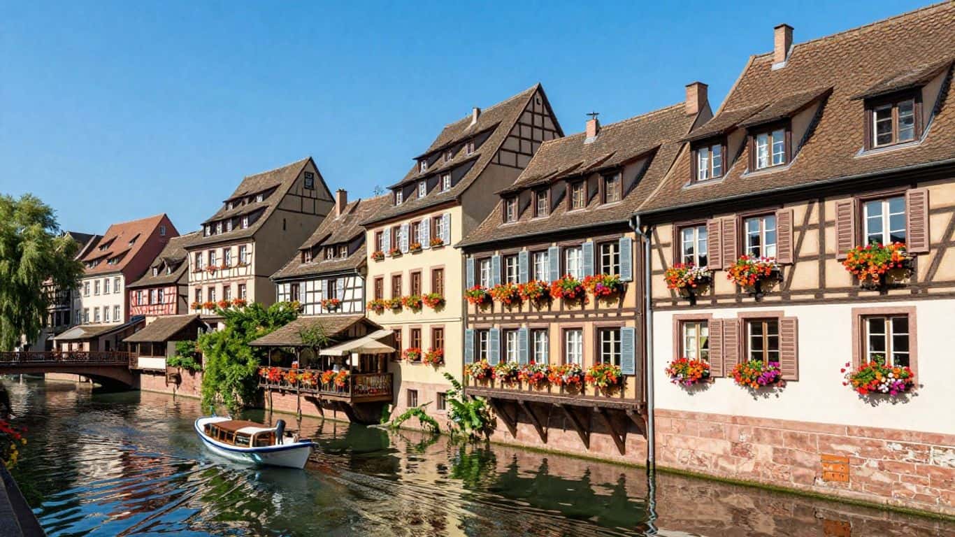 Colorful houses along a canal in Strasbourg's Petite France.