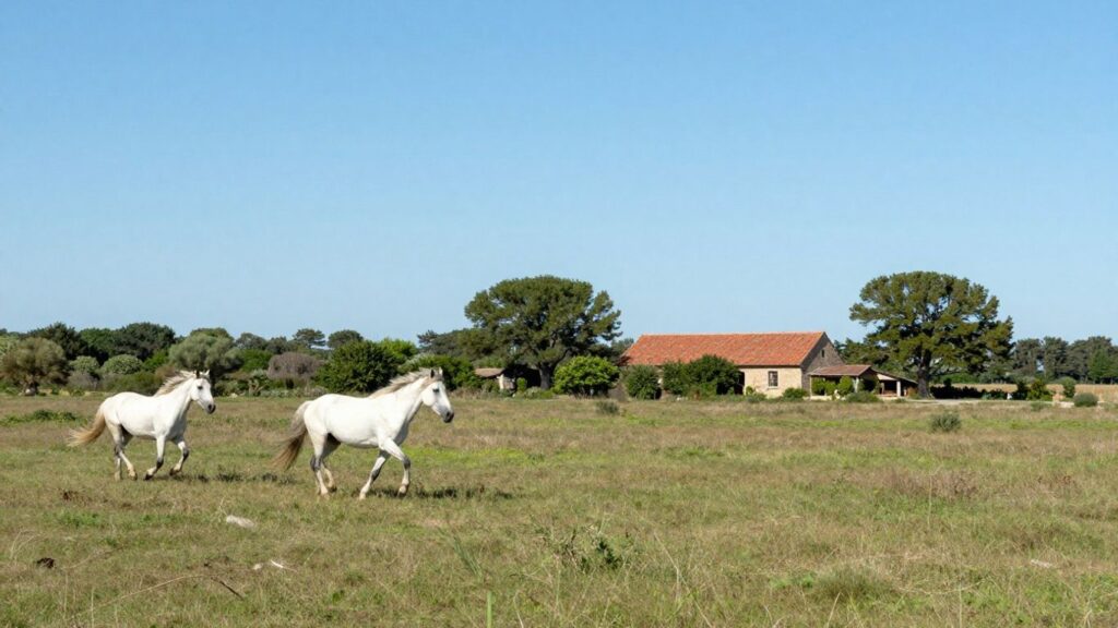 Camargue landscape with horses and farmhouse