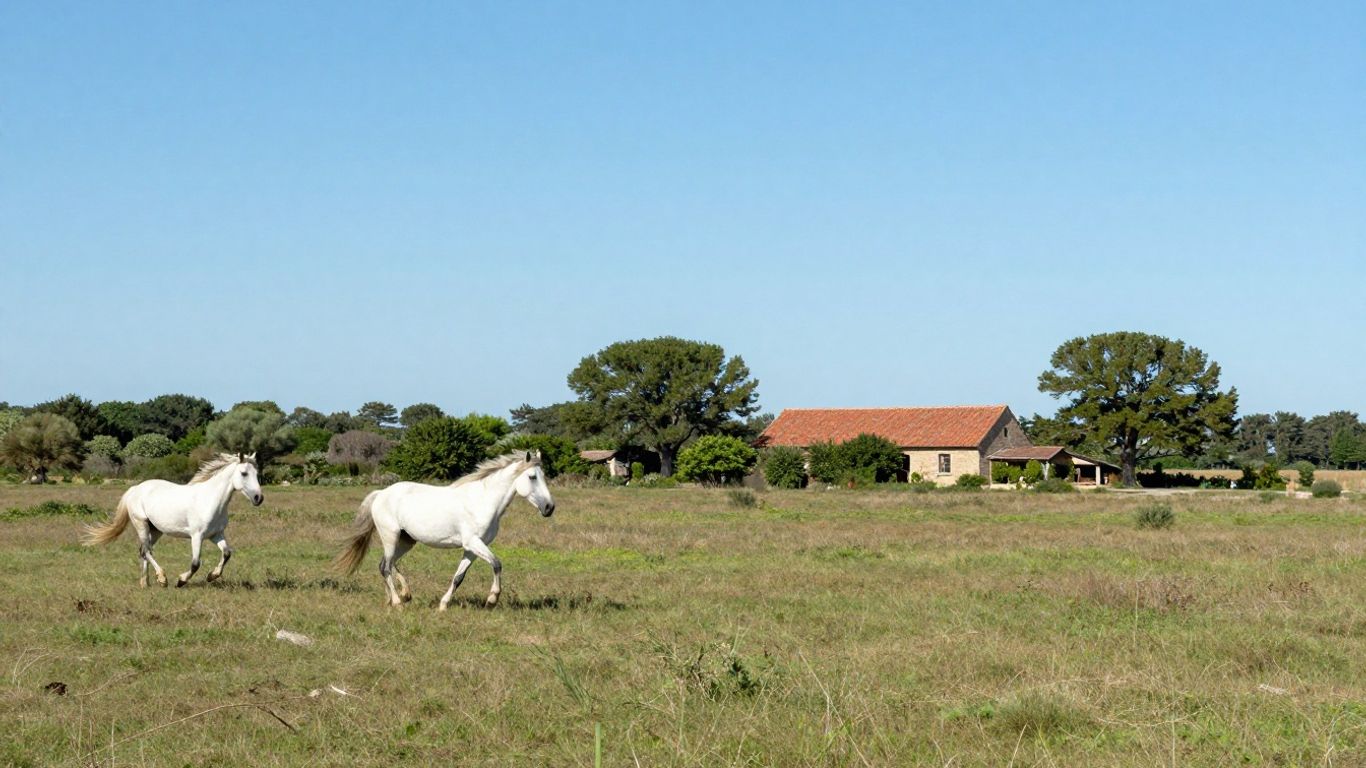 Camargue landscape with horses and farmhouse