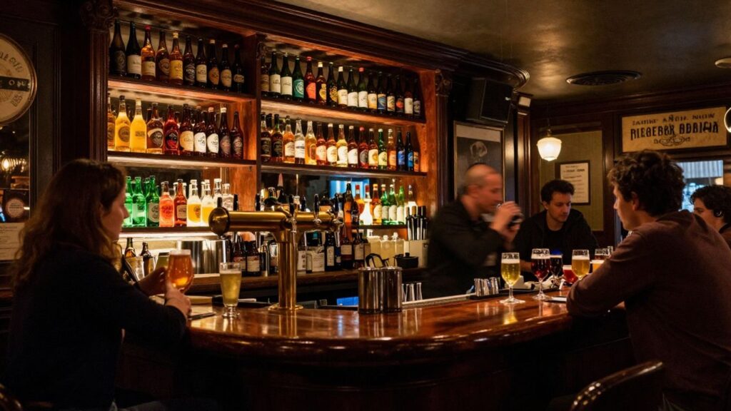 Craft beer taps and bottles in a Parisian bar.