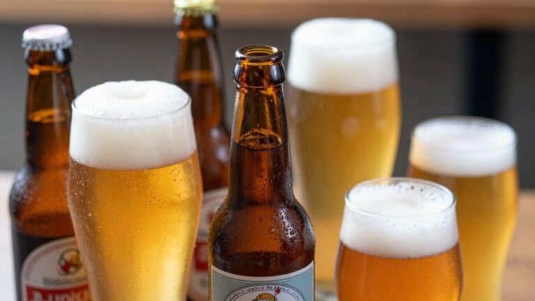 Assortment of French craft beer bottles and glasses.