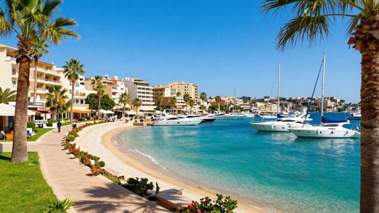Luxury yachts in a sunny Cap d'Agde marina with hotels.