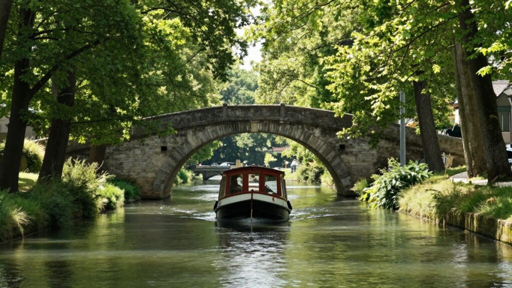 Barge on Canal du Midi with trees and bridges.