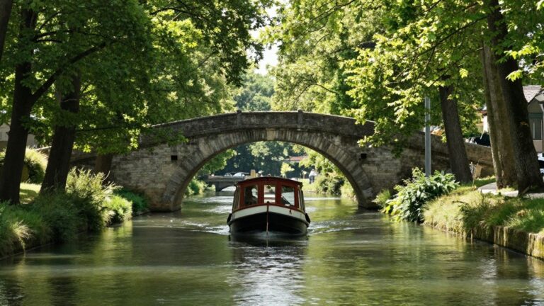Barge on Canal du Midi with trees and bridges.