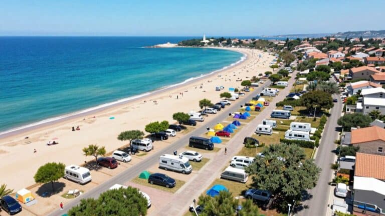 Aerial view of Cap d'Agde campsites and coastline.