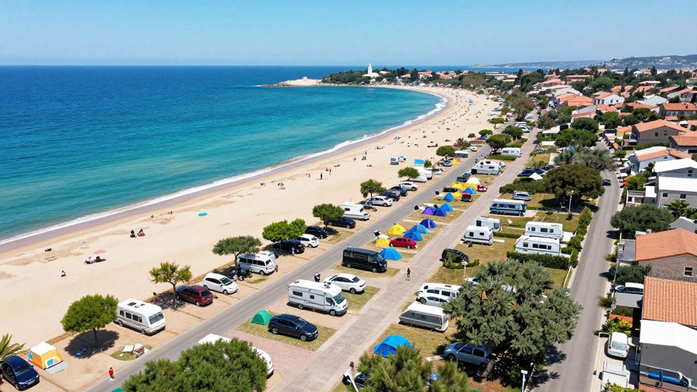 Aerial view of Cap d'Agde campsites and coastline.