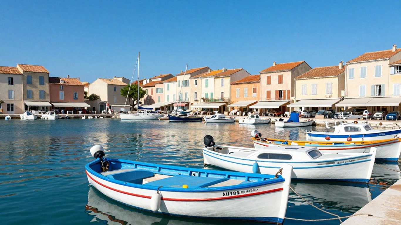 Colorful boats in Sète, France harbor with waterfront buildings.