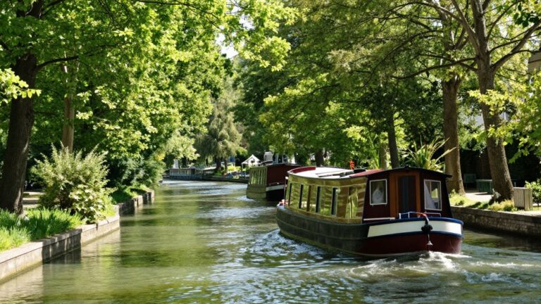 Barge on Canal de Garonne with trees and water.