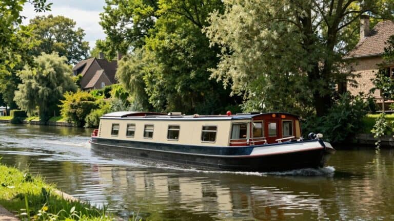 Barge cruising on a peaceful French canal.