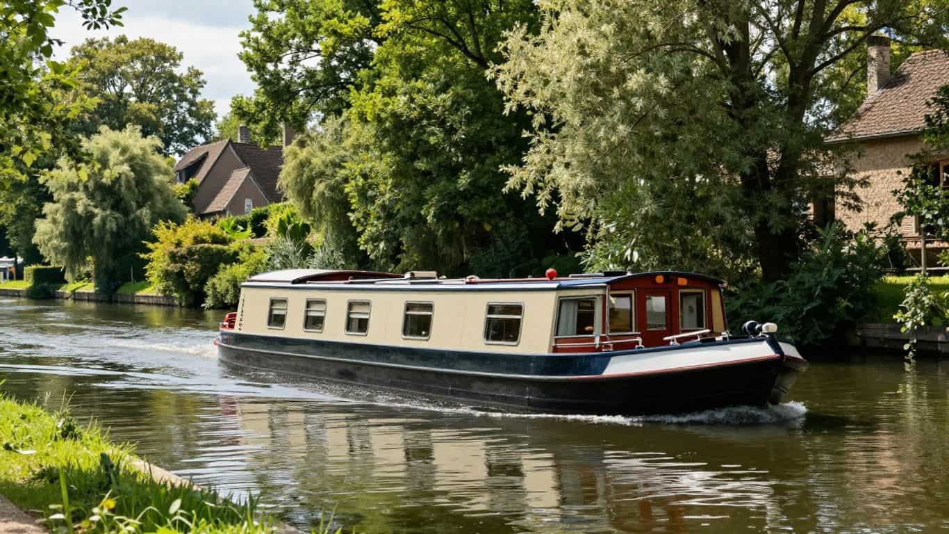 Barge cruising on a peaceful French canal.