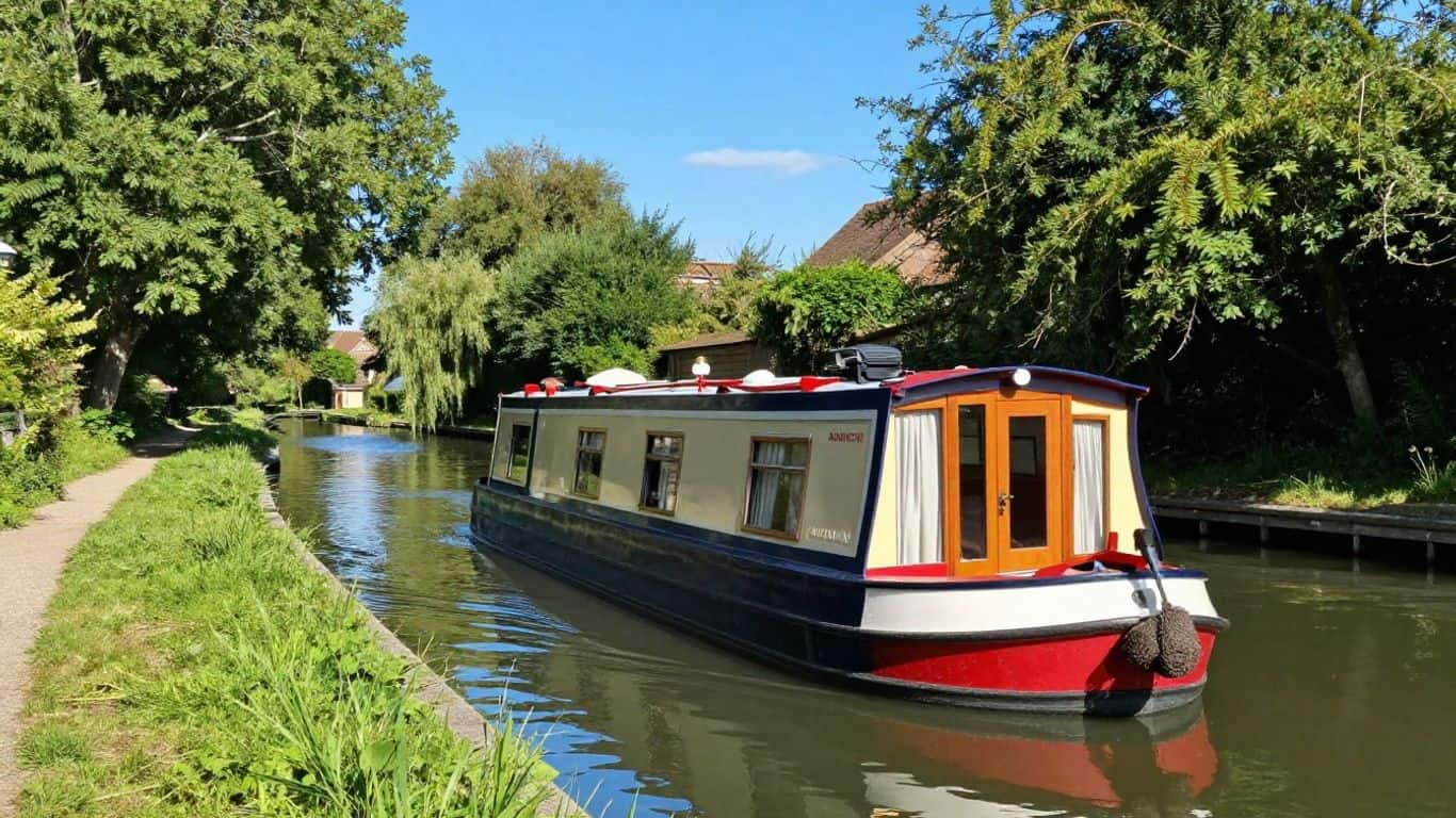 Beginner self-drive canal boat on a sunny French waterway.