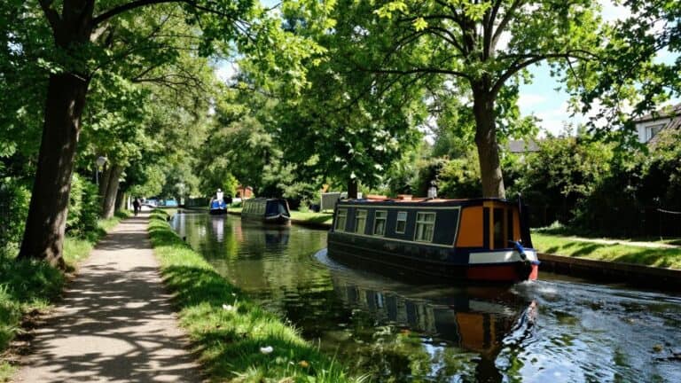 Canal du Midi with a boat and tree-lined path.