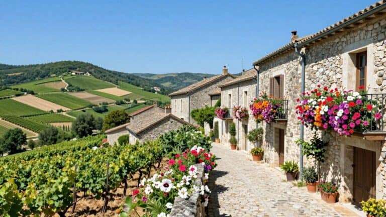 Charming medieval village in the South of France with stone buildings.